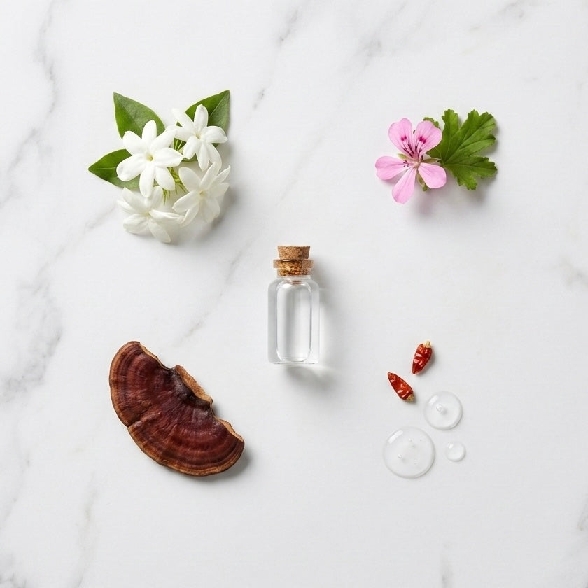 Composición 'flat lay' de los ingredientes botánicos: hongo Reishi, flores blancas y rosas, y guindillas rojas sobre fondo de mármol.