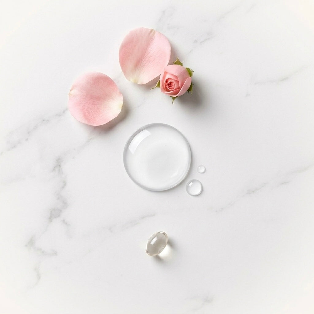 Composición 'flat lay' con las cápsulas Invisilube y sus ingredientes clave sobre un fondo de mármol blanco.