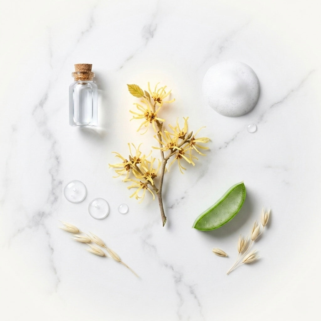 Ingredientes de la Mousse Hamamelis: hojas de hamamelis, extractos calmantes y botánicos sobre mármol