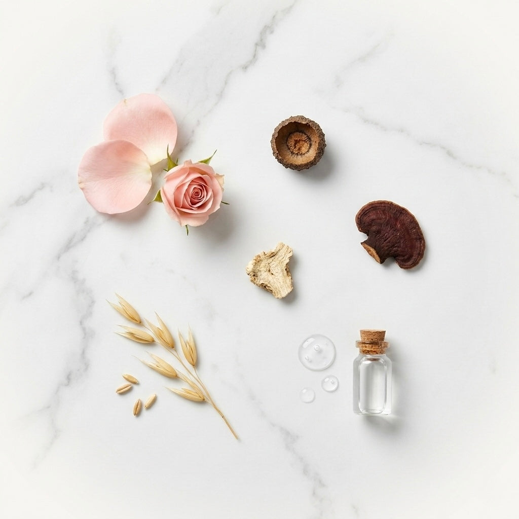 Composición 'flat lay' de los ingredientes naturales: hongo Reishi, raíz de maca, pétalos de rosa y extractos botánicos sobre fondo de mármol.