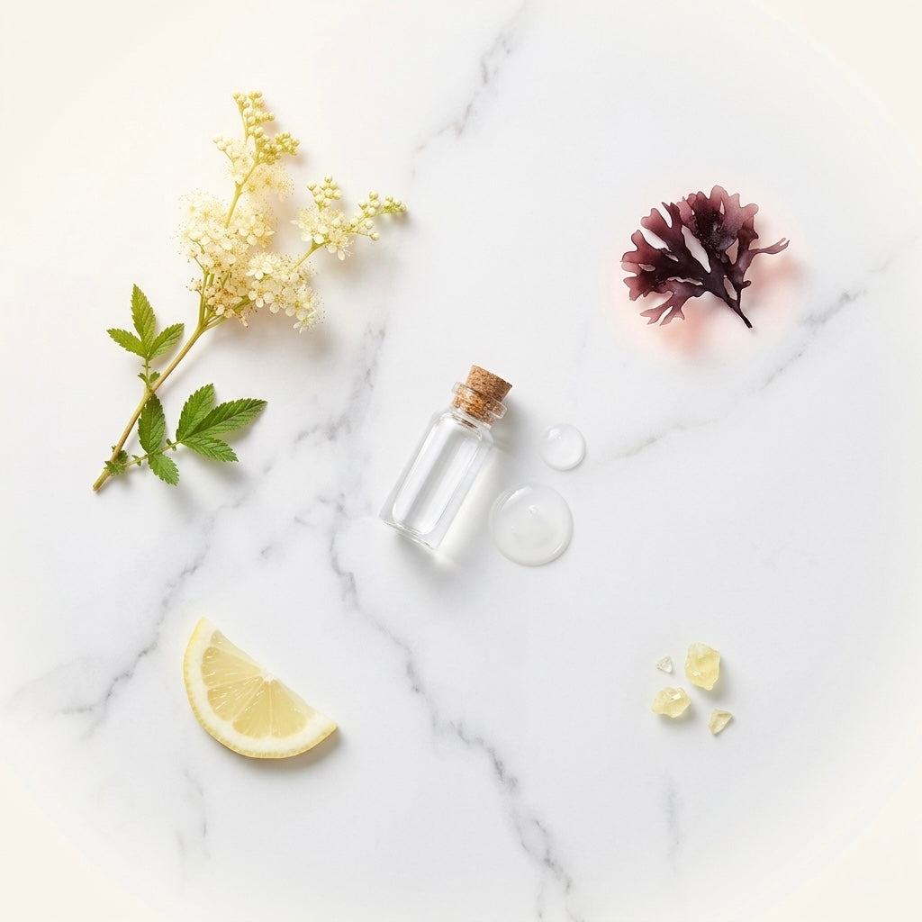 Composición 'flat lay' de los ingredientes principales: extracto botánico de Spiraea Ulmaria, algas y gotas de ácido hialurónico sobre fondo de mármol.
