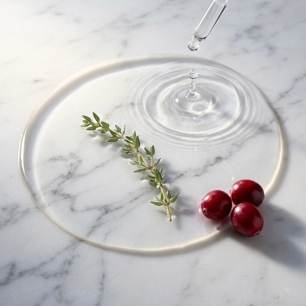 Pool de gel transparente libre sobre mármol blanco con ondas concéntricas de pipeta, ramita de tomillo y arándanos rojos, ilustrando una fórmula íntima sin sulfatos que respeta el microbioma vaginal.